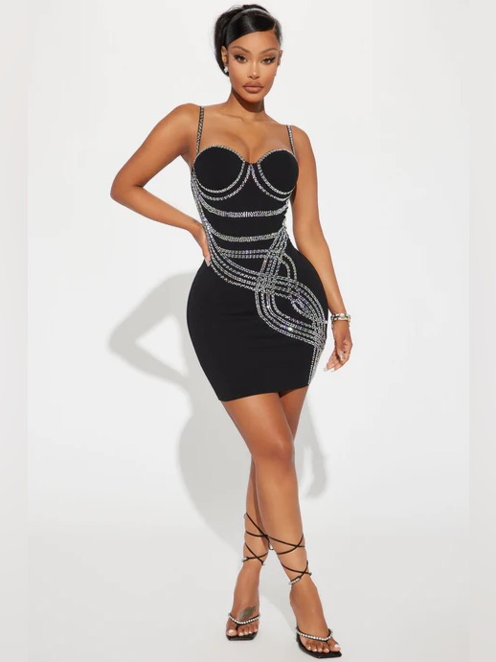 Fashion Nova - Black Embellished Bodycon Mini Dress, Small